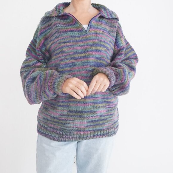 Handmade Pink Purple Wool Blend Knit Quarter Zip Sweater L - Picture 2 of 12